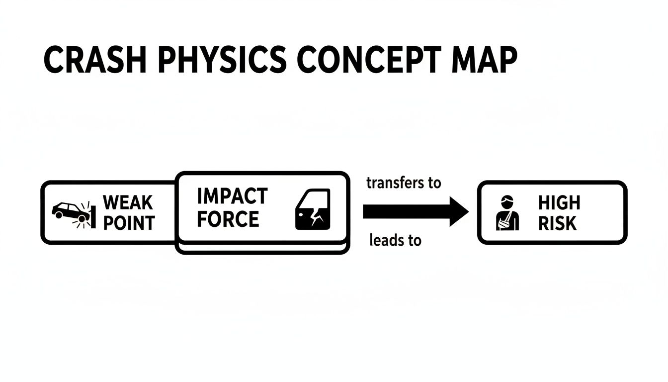 A crash physics concept map showing a car crash at a weak point leading to impact force and high risk.