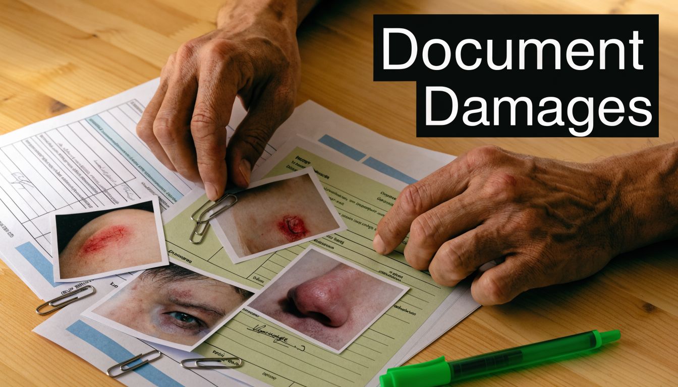 A pair of hands organizing photographic evidence of bodily injuries on a document for a legal claim.
