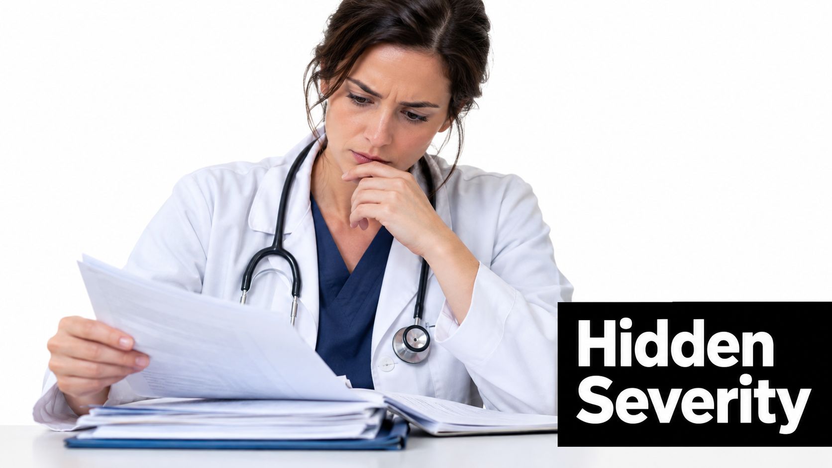 A concerned female doctor in a white coat reviewing medical documents at a desk in a studio.