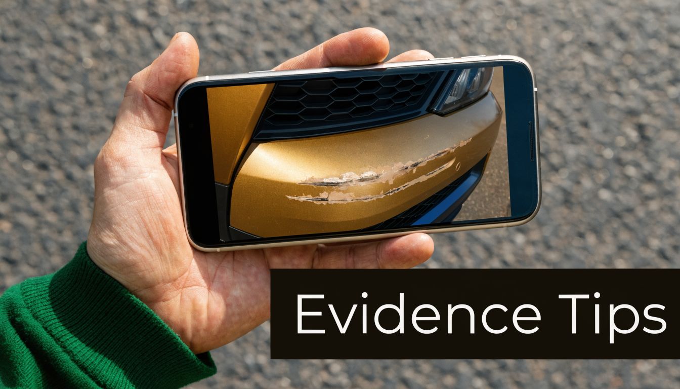A hand holding a smartphone displaying a photograph of a gold car bumper with scratch damage.