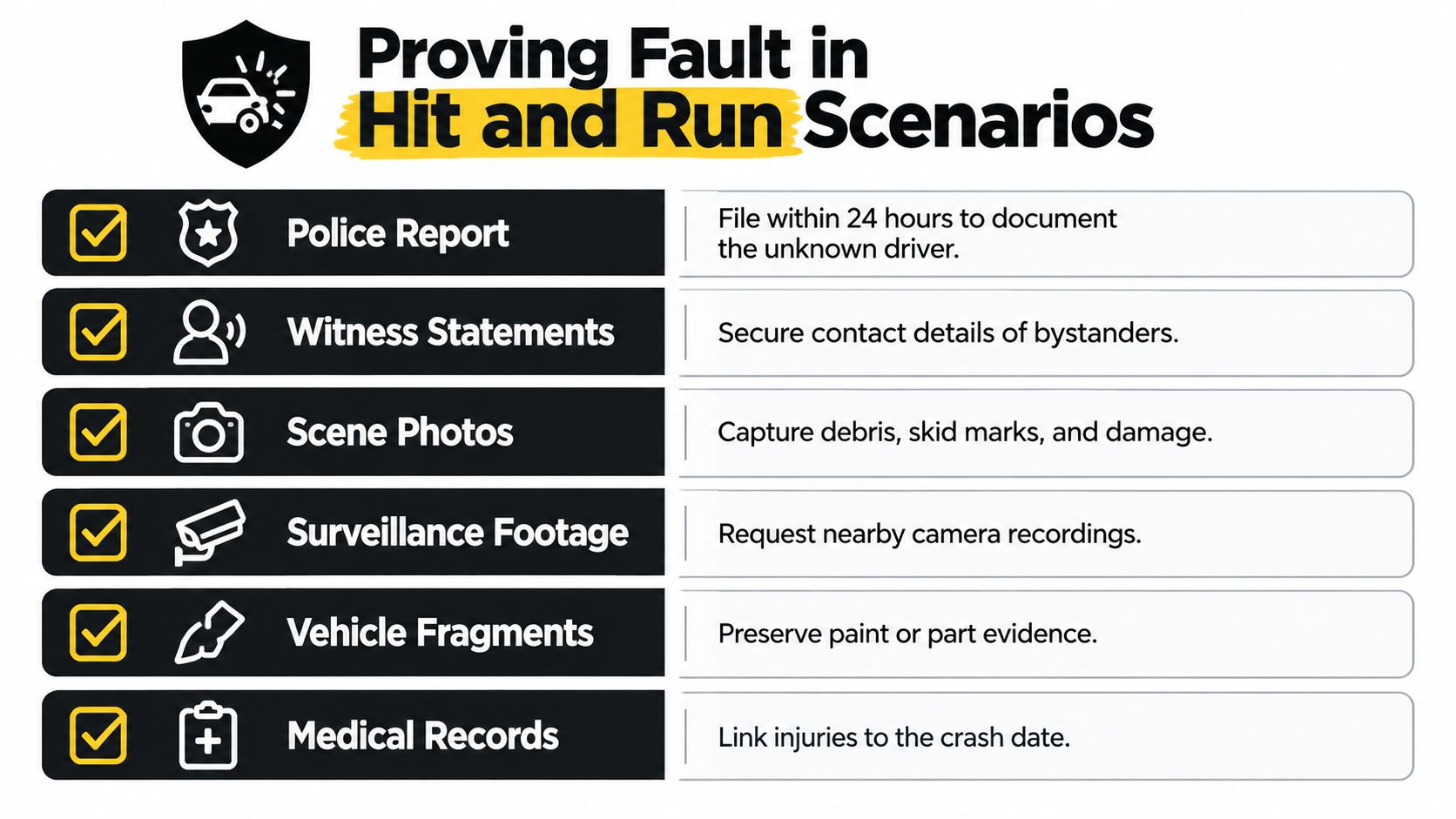 A checklist infographic detailing essential steps to gather evidence for proving fault in hit and run accidents.