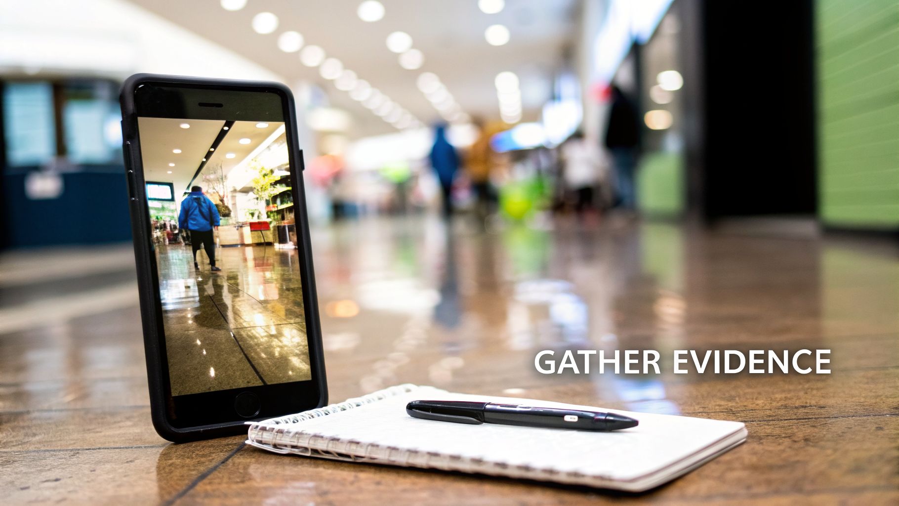 A smartphone displays a photo of a person in a store, with a notebook and pen, and 'GATHER EVIDENCE' text.