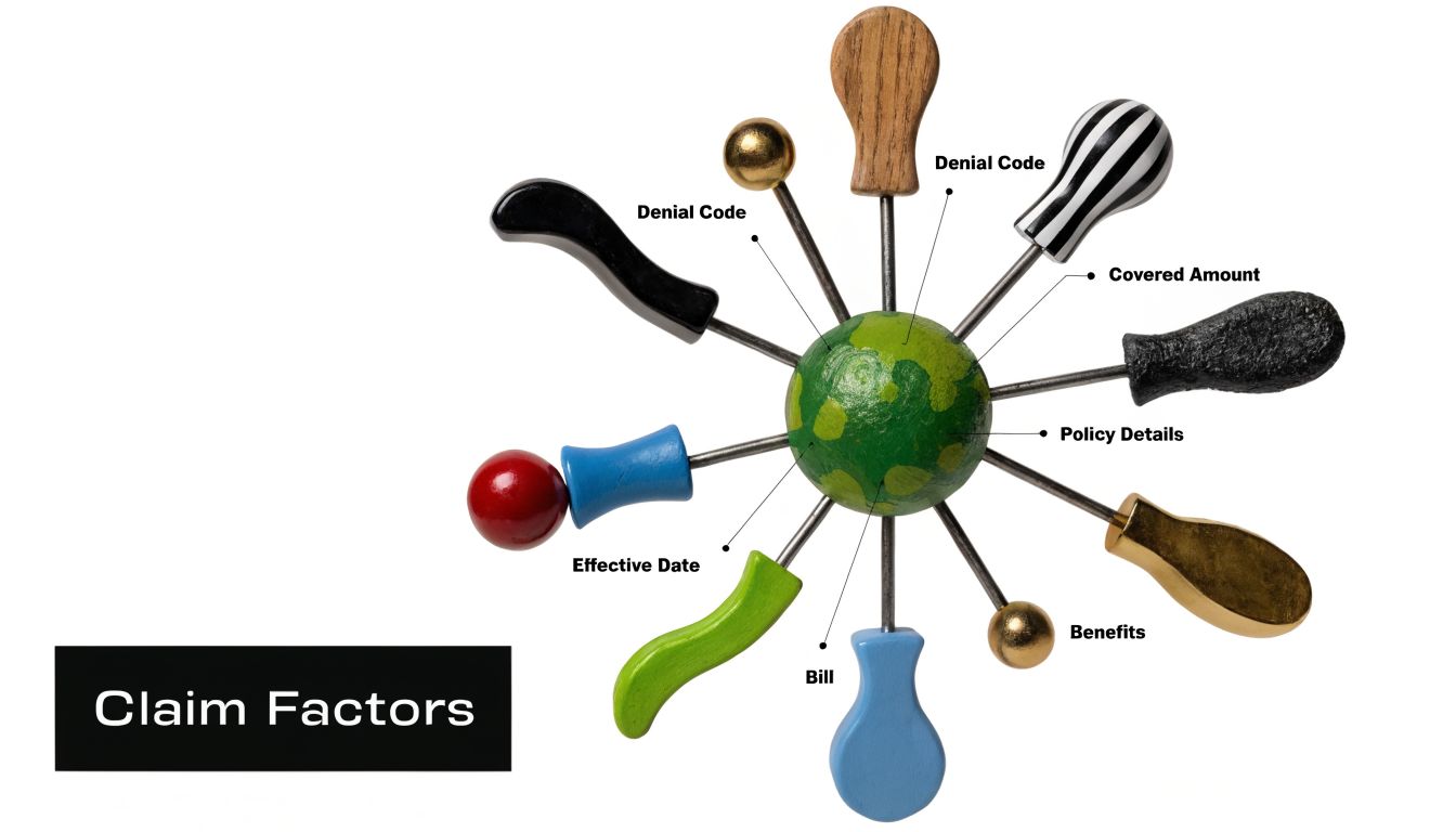 A conceptual graphic illustrating claim factors connected to a central green sphere representing insurance policies.