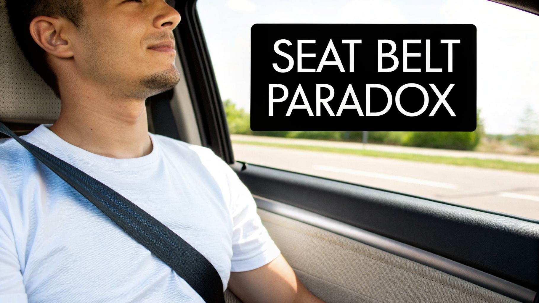 A man wearing a seat belt in a car, with the text 'SEAT BELT PARADOX' superimposed.