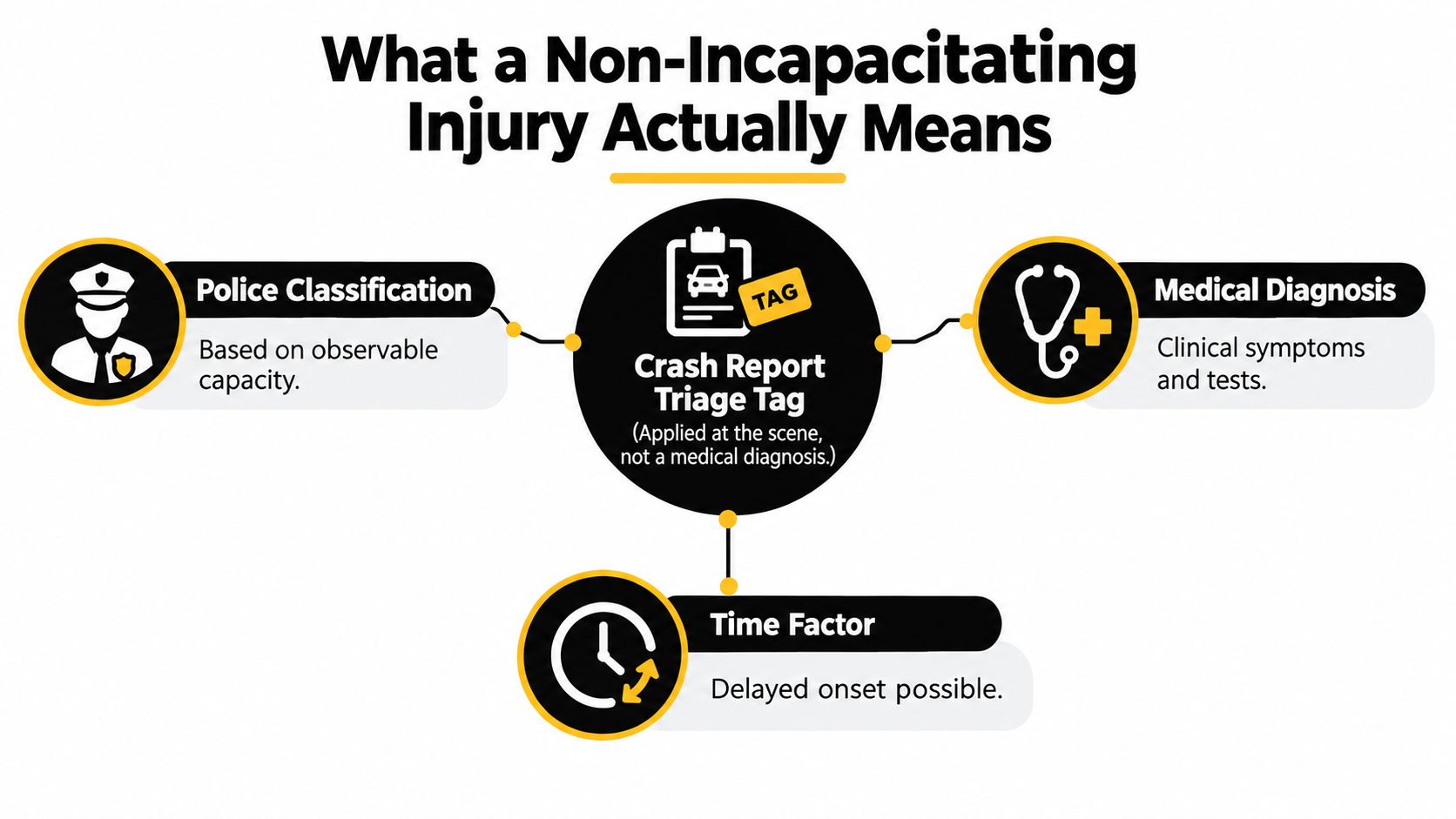 An infographic explaining that a non-incapacitating injury is a temporary police classification, not a medical diagnosis.