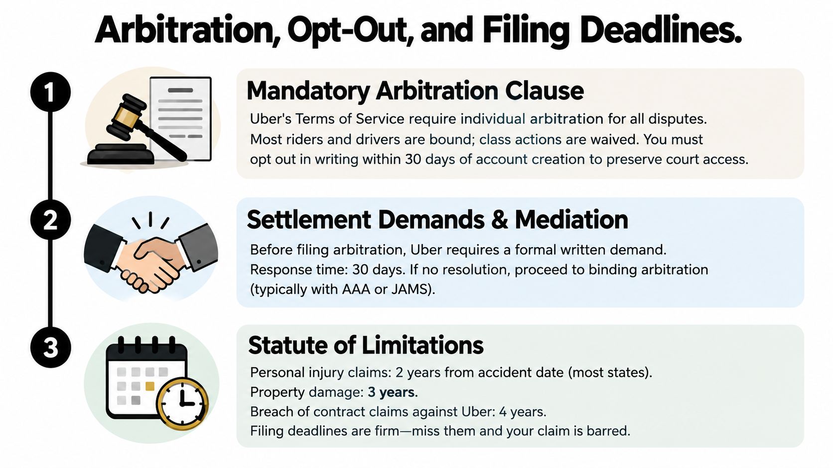 A three-step guide explaining Uber's arbitration clauses, settlement demand processes, and legal filing deadlines for accident claims.