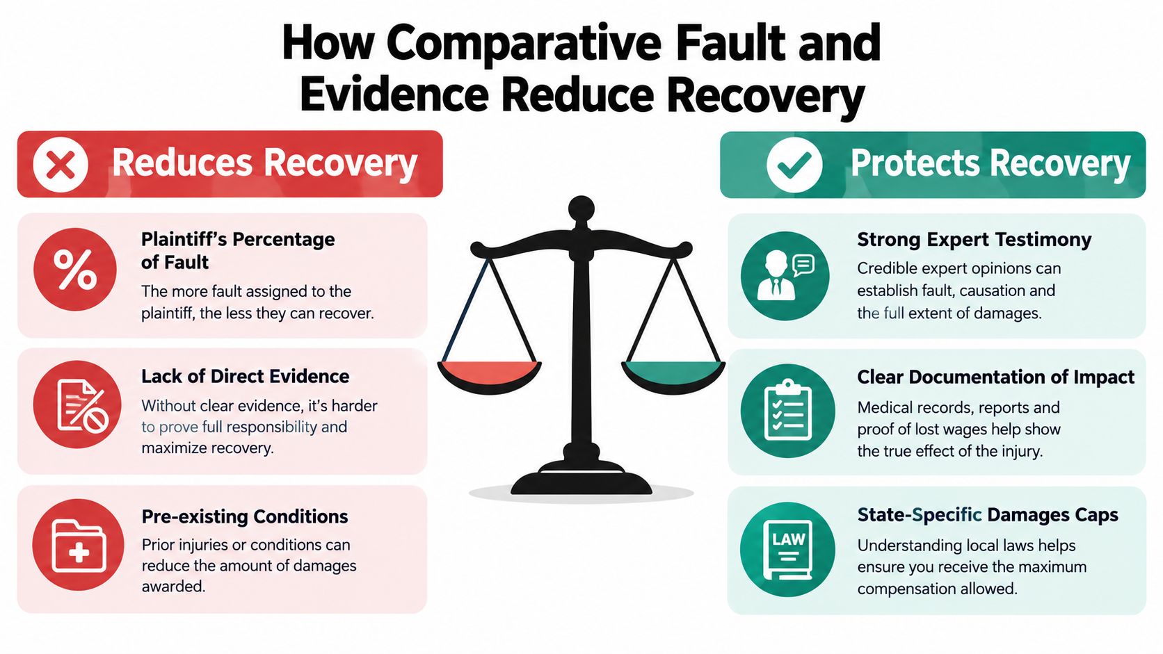 An infographic showing factors that reduce legal recovery versus factors that help protect maximum compensation.