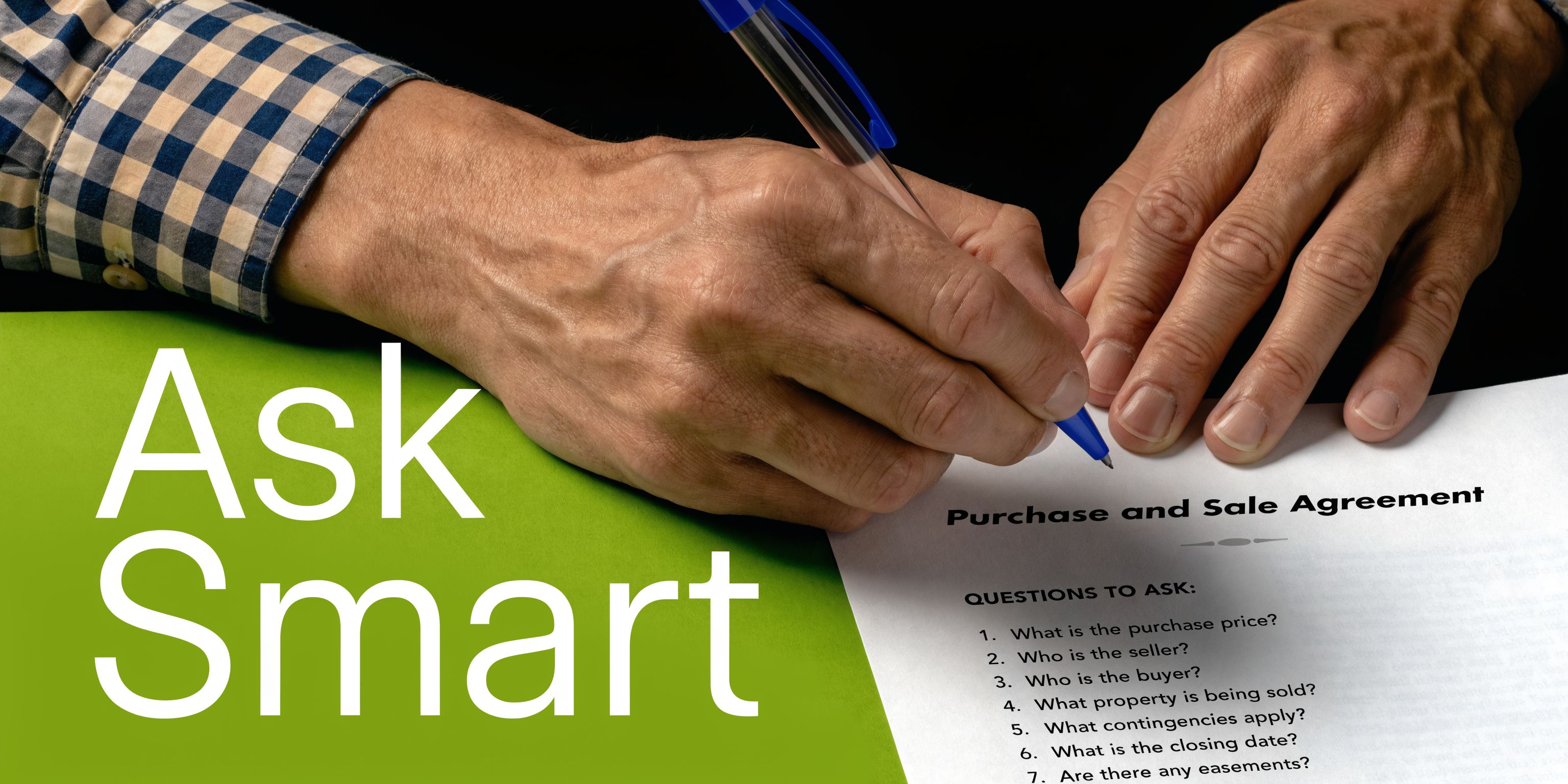 A person signing a purchase and sale agreement document with a pen on a green background.