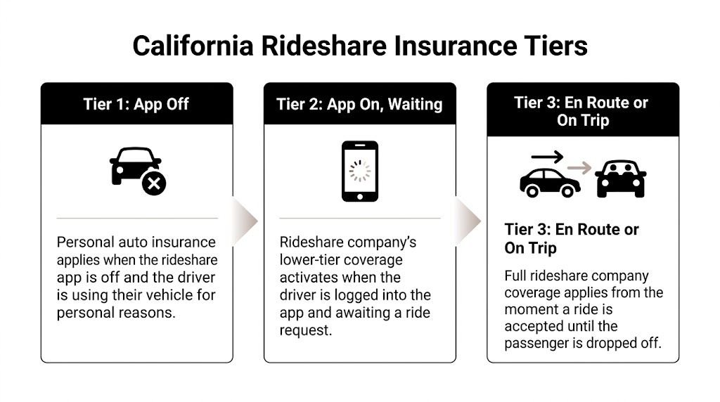 A chart illustrating the three tiers of California rideshare insurance coverage based on app status.