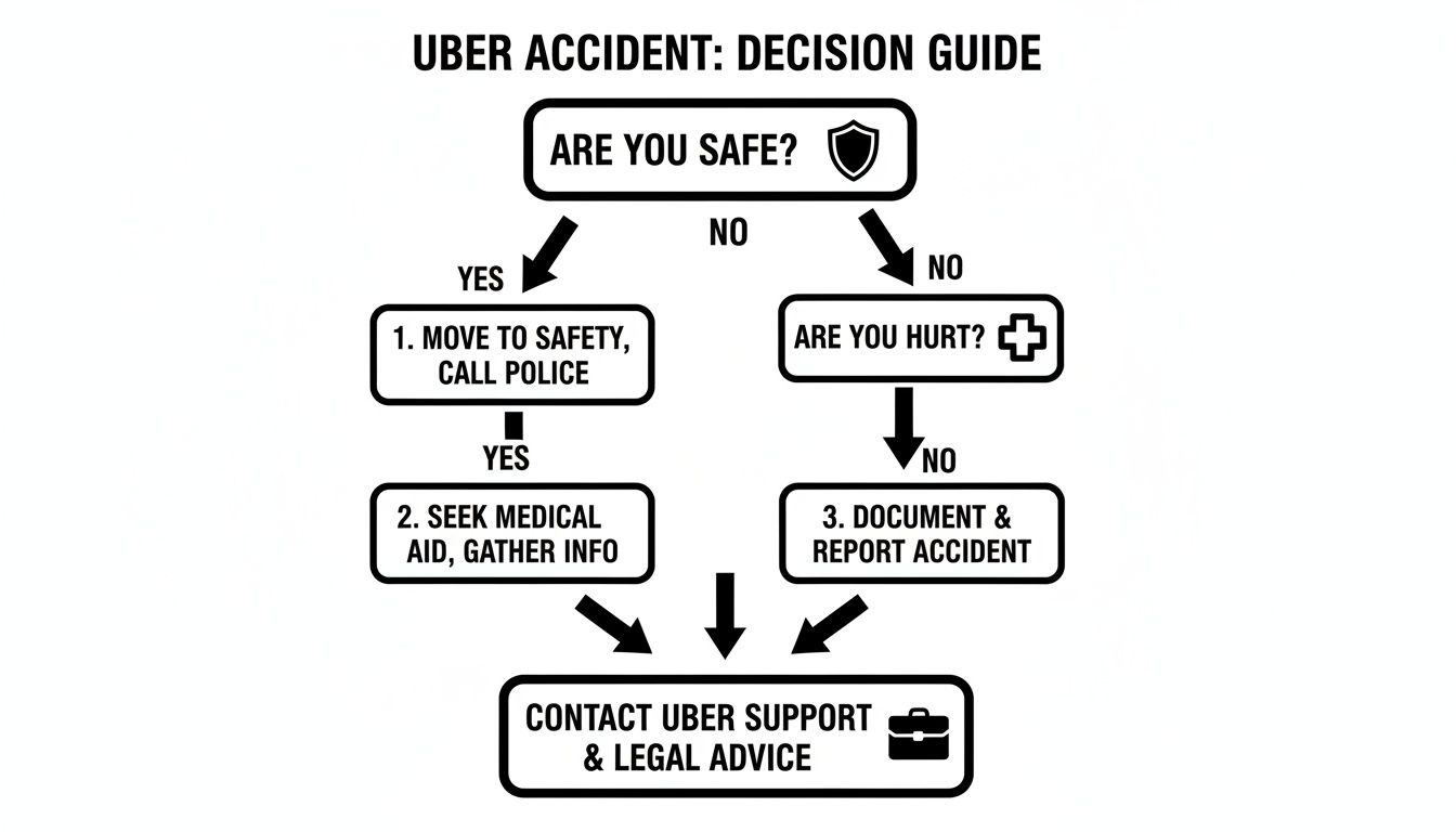 Flowchart decision guide for navigating an Uber accident, detailing steps for safety, medical aid, and reporting.