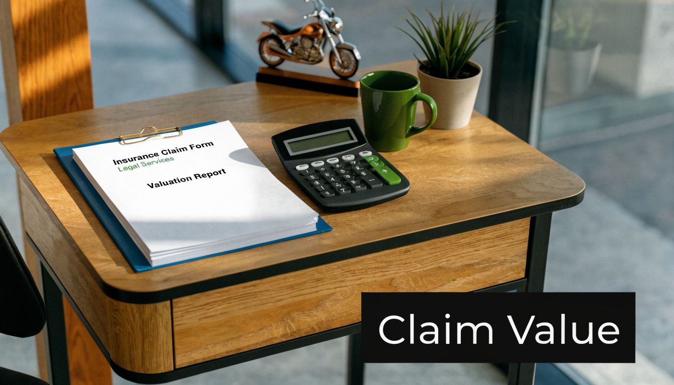 A wooden desk featuring an insurance claim form for a motorcycle accident and a toy motorcycle model.