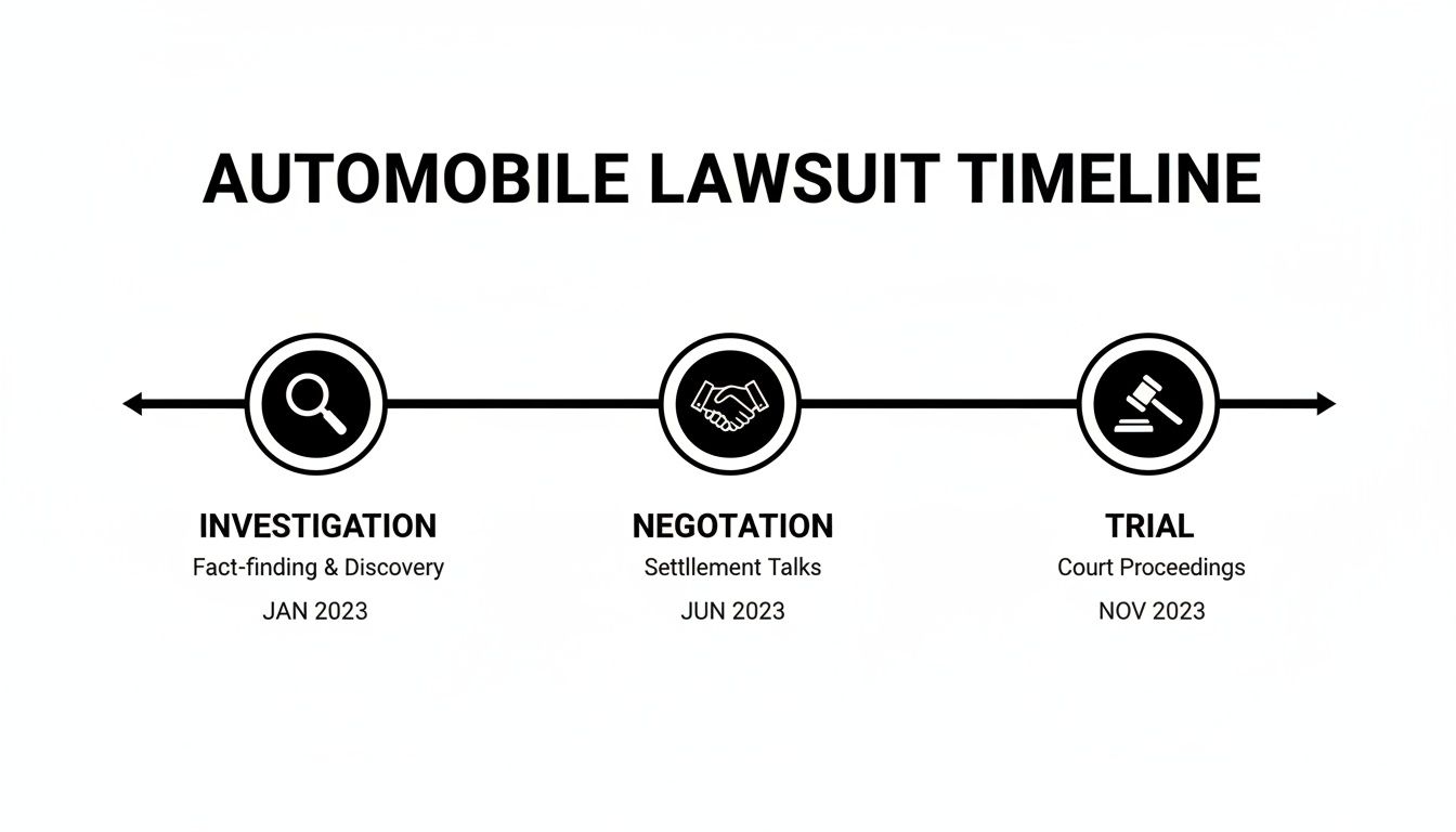 A timeline graphic illustrating the stages of an automobile lawsuit: investigation, negotiation, and trial with dates.