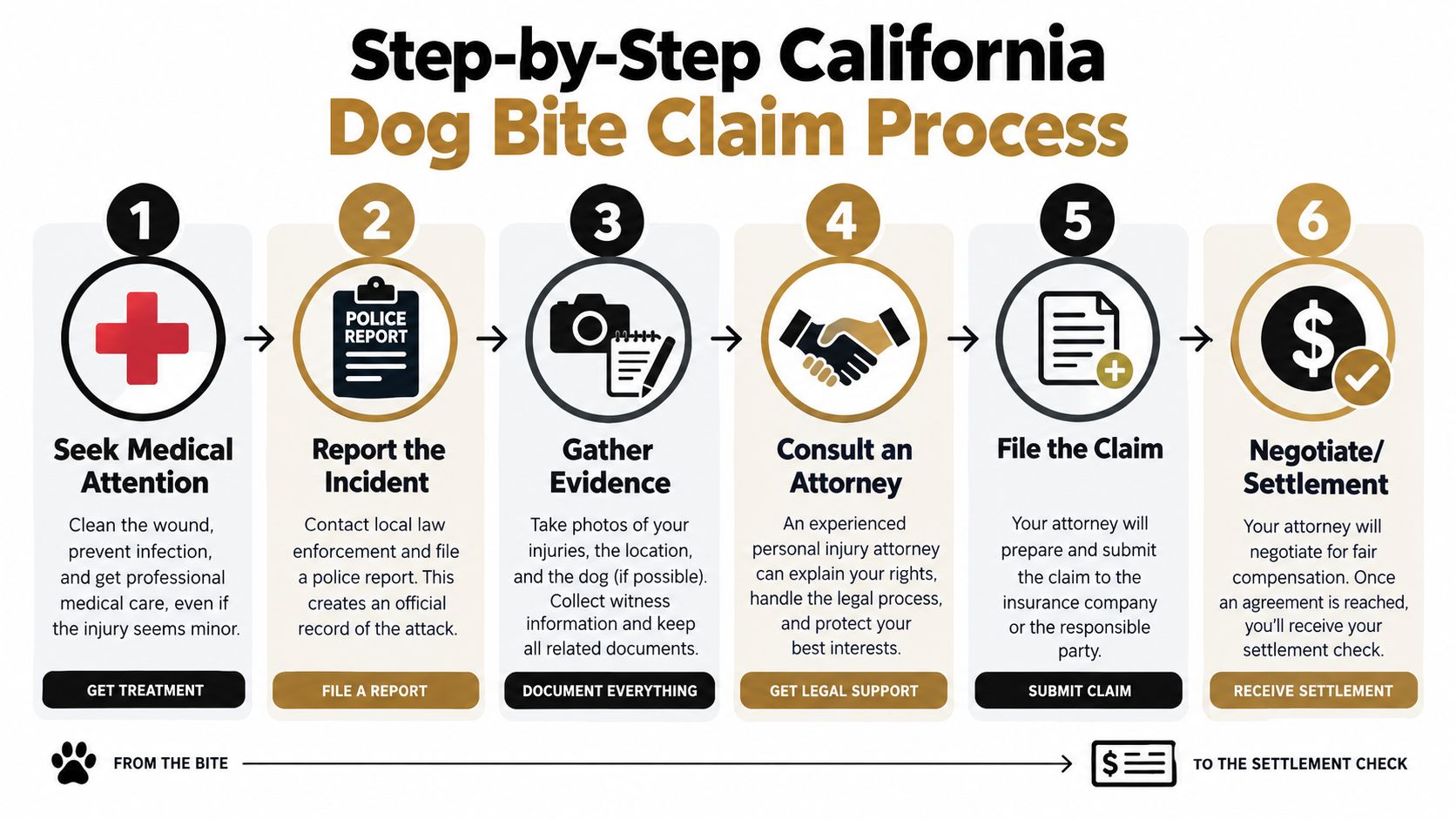 A step-by-step infographic illustrating the California legal process for filing a dog bite injury claim.