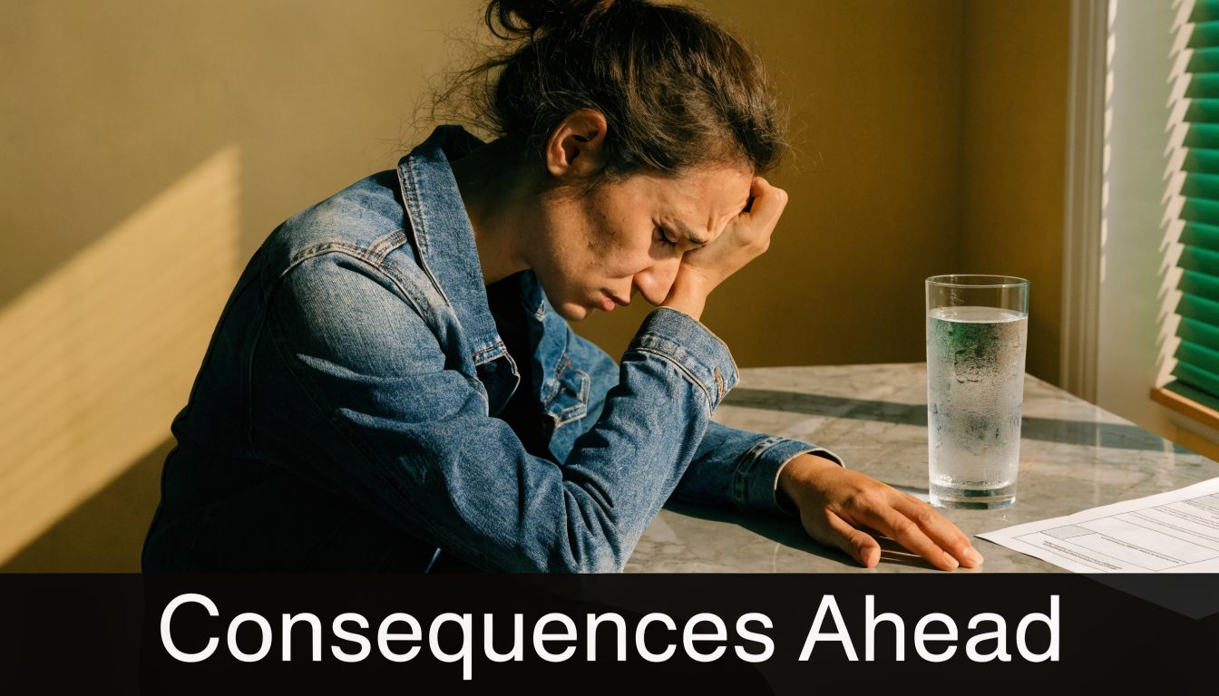 A distressed woman sitting at a table with a glass of water, contemplating legal documents or consequences.