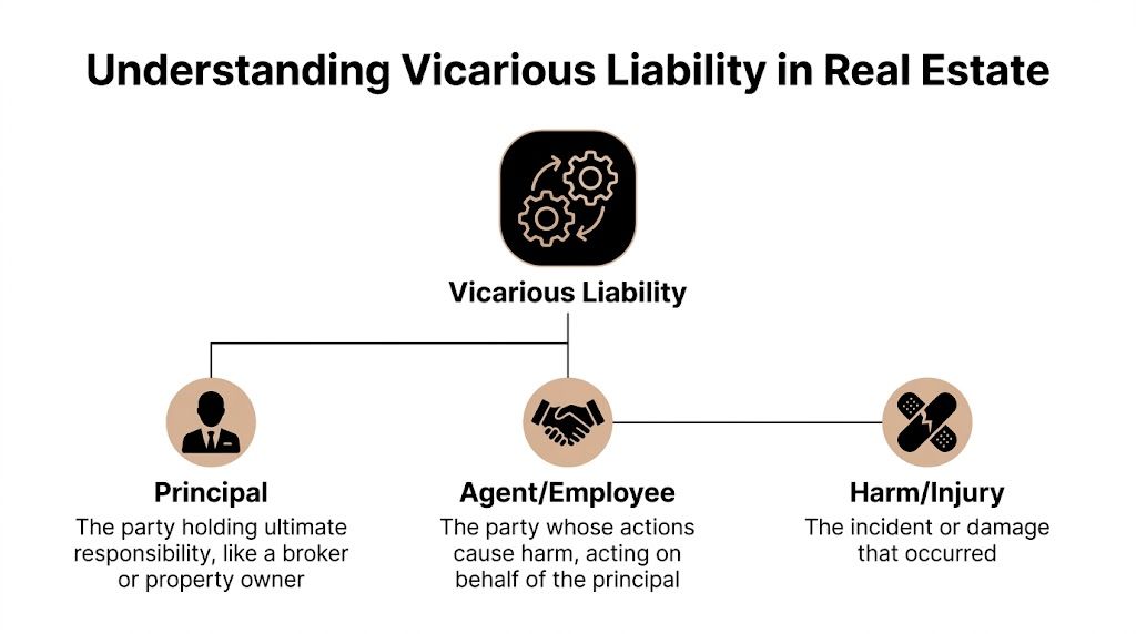 A diagram illustrating vicarious liability in real estate showing the relationship between a principal, agent, and harm.