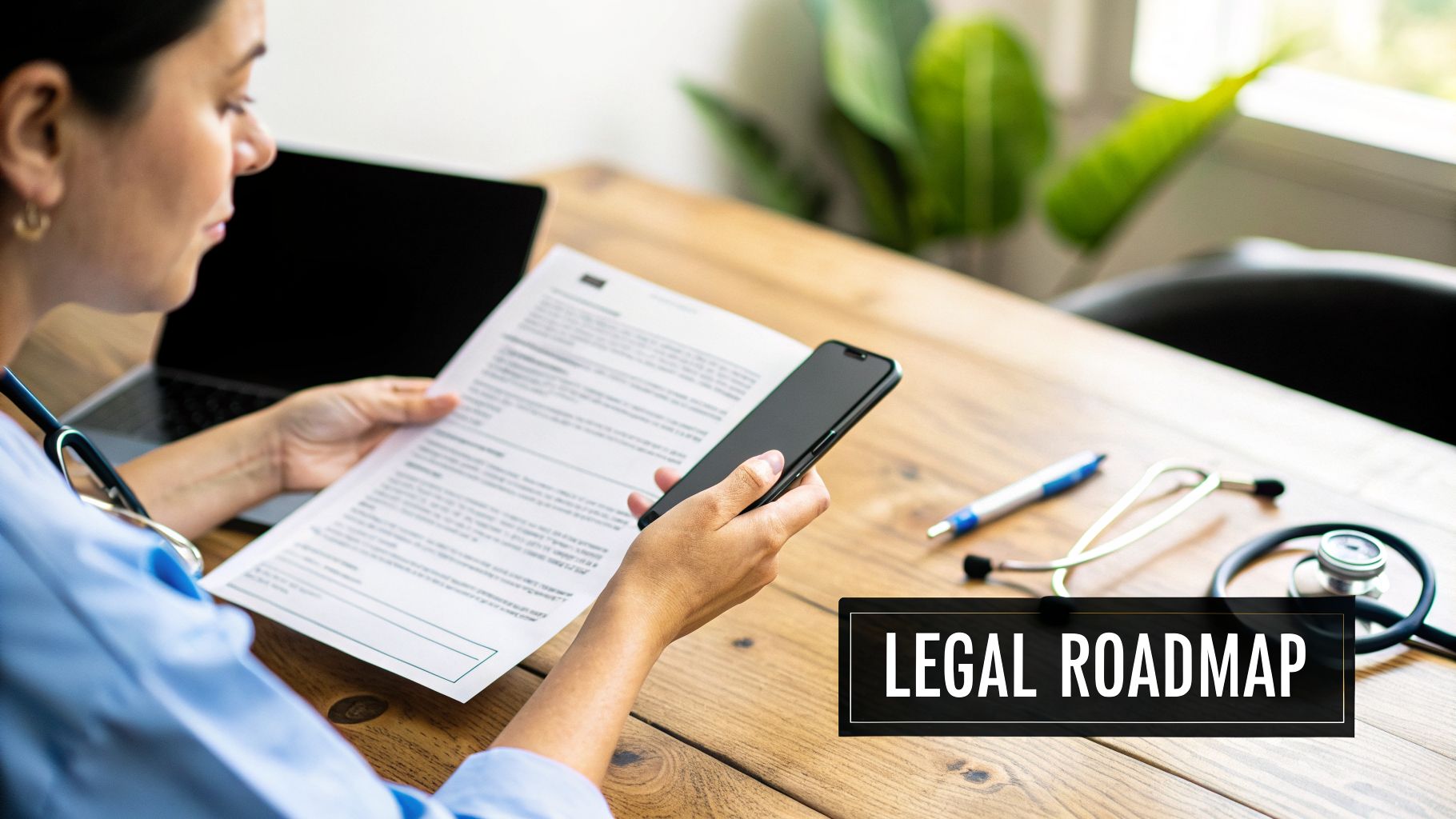 Healthcare professional reviews a legal document and uses a smartphone, with a "Legal Roadmap" text overlay.