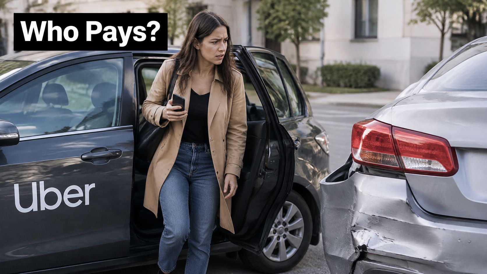 A concerned woman exits an Uber vehicle that has just been involved in a rear-end car accident.