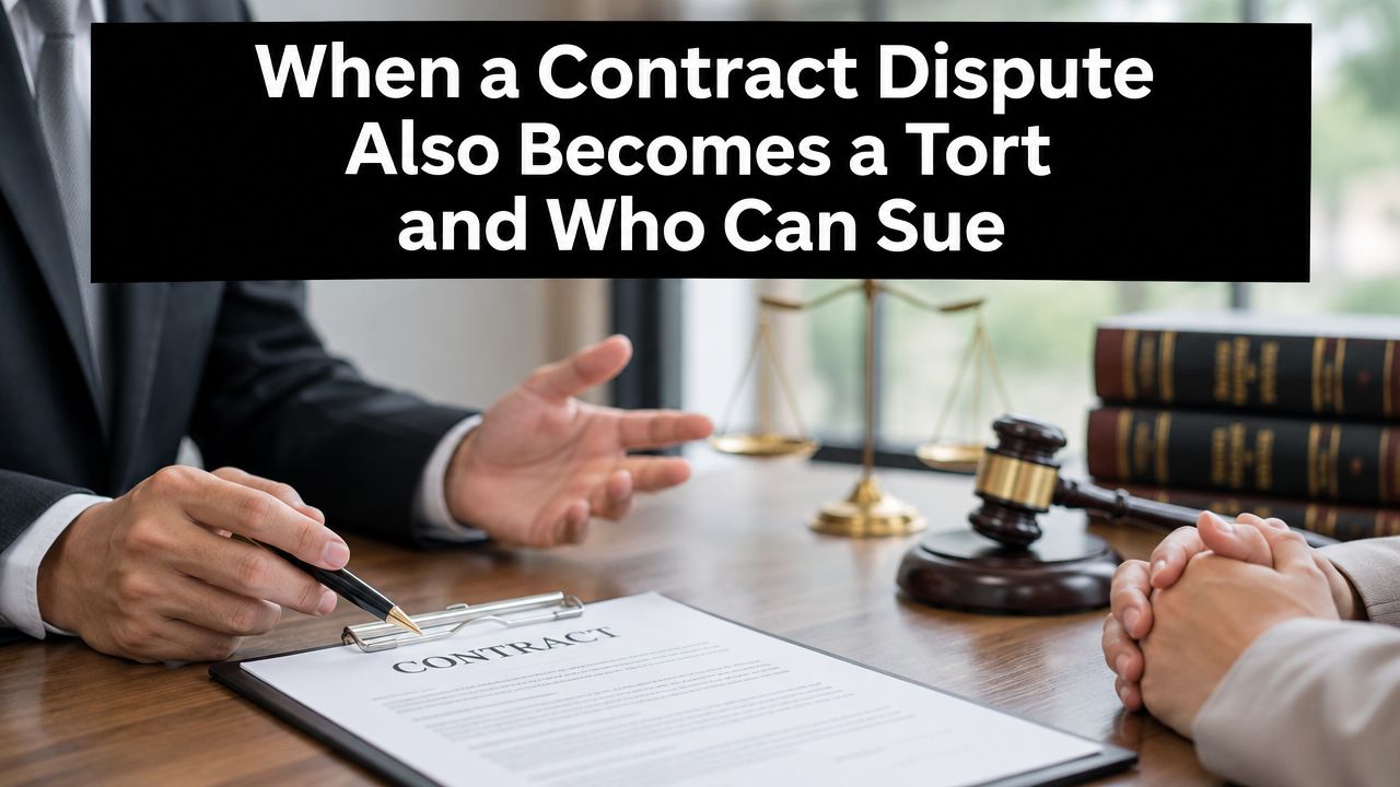 A lawyer discussing a contract with a client at an office desk with a legal gavel.