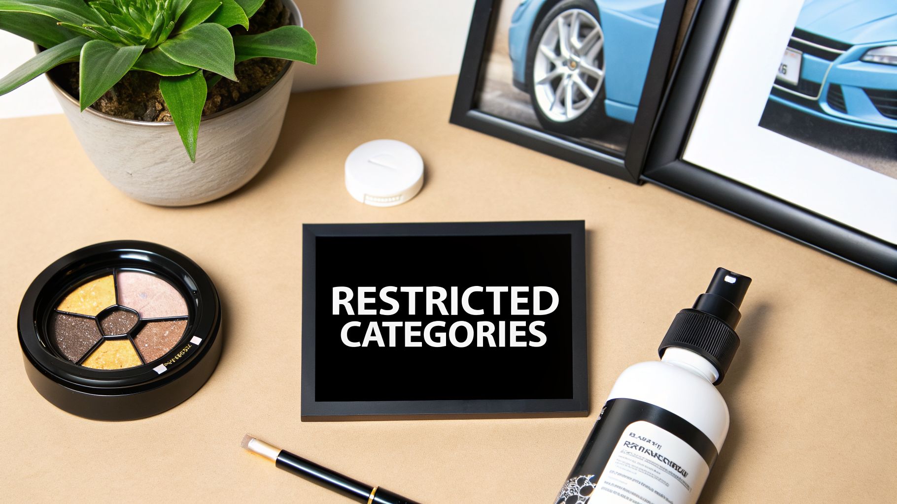 A flat lay of various items including a framed sign "RESTRICTED CATEGORIES", makeup, and a spray bottle.