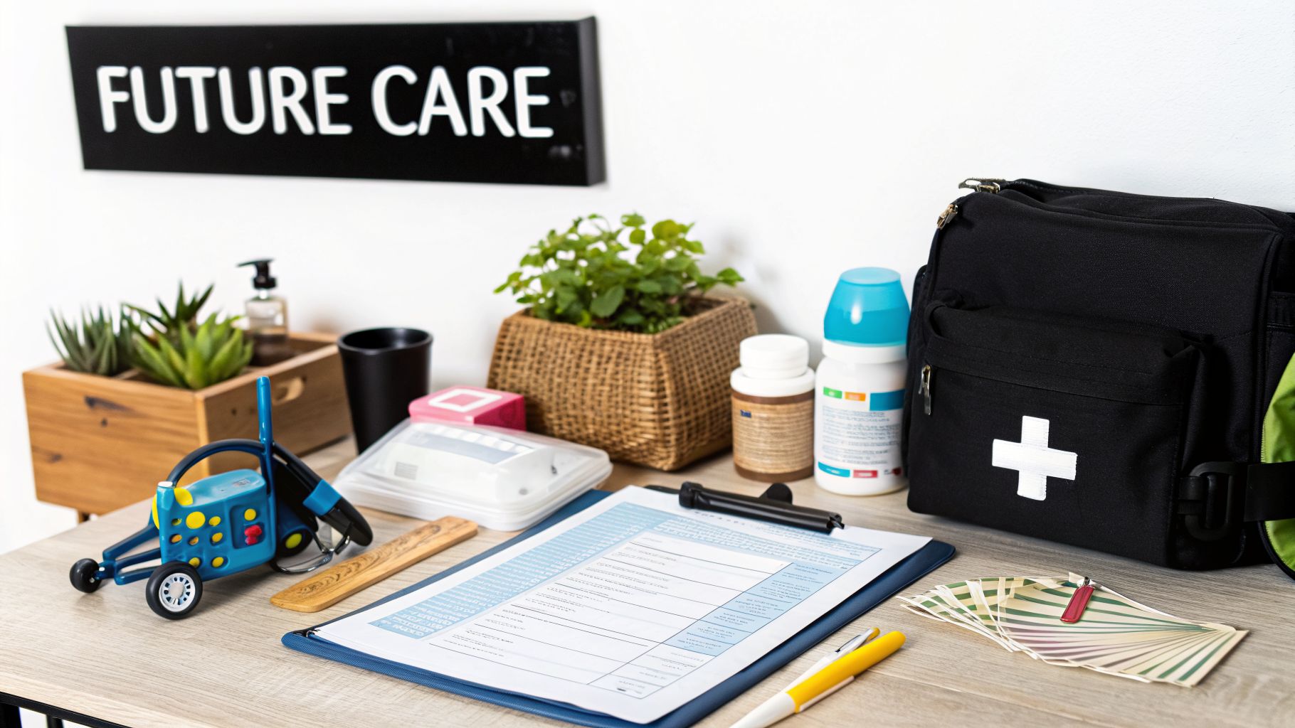 A desk with a first aid bag, medical forms, plants, and a 'FUTURE CARE' sign.