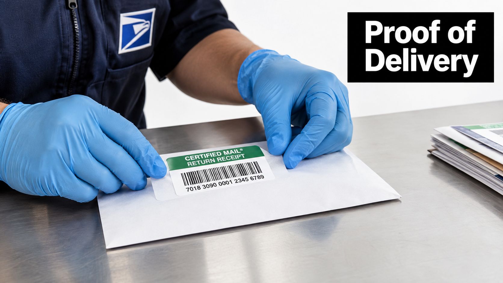 A USPS employee wearing blue gloves handles a certified mail envelope with a return receipt label attached.