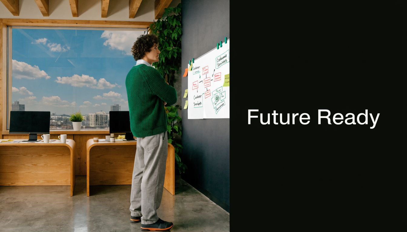 A man in a green sweater stands in a modern office looking at a workflow chart.