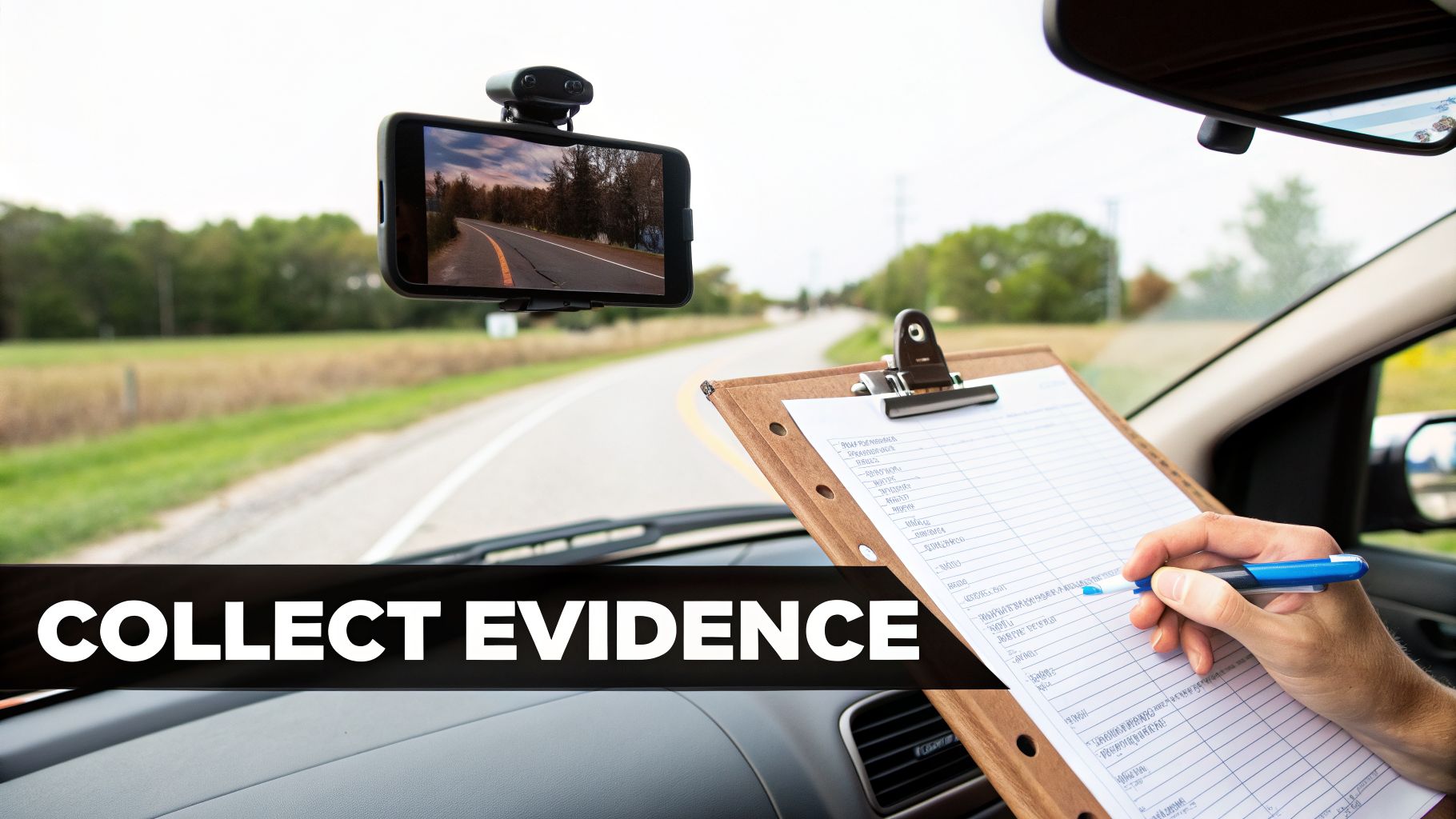 Inside a car, a smartphone records the road while a hand writes notes on a clipboard for evidence collection.