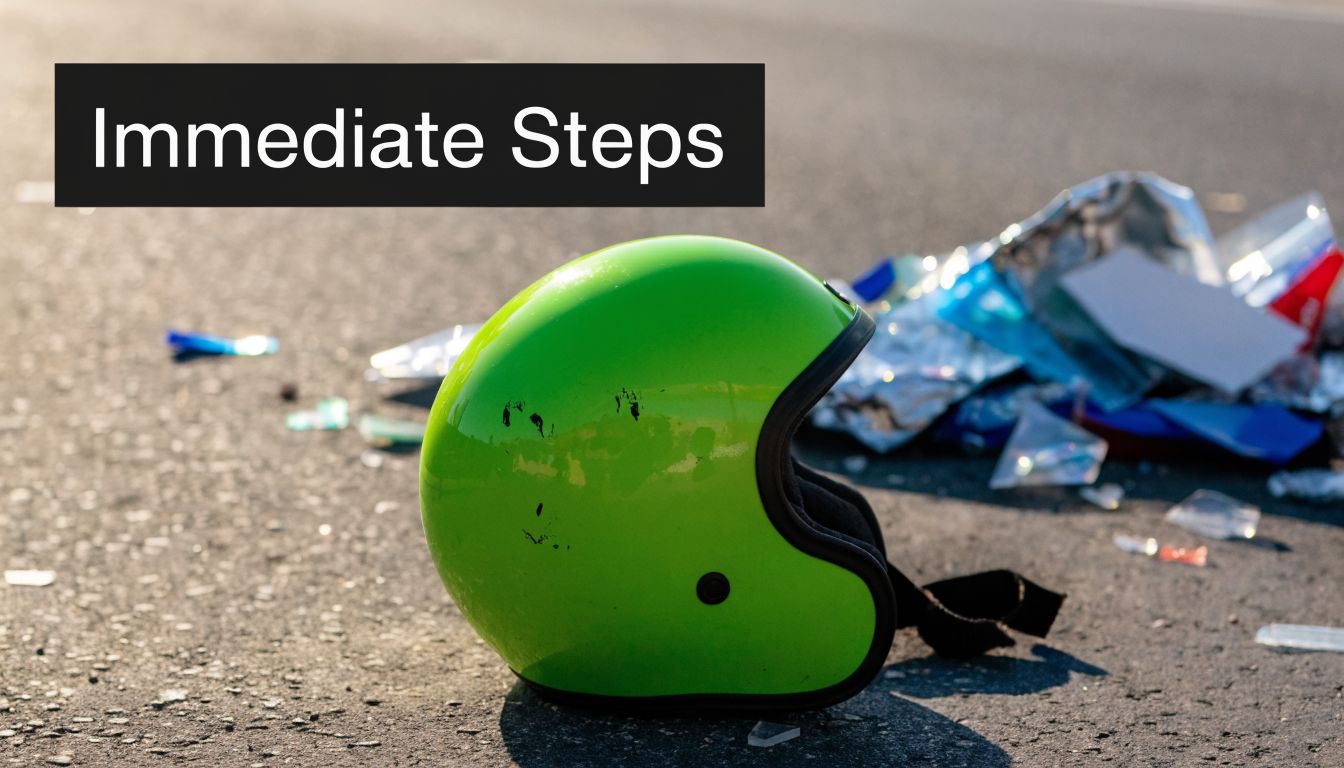 A bright green motorcycle helmet lying on the road among debris after a road traffic accident.