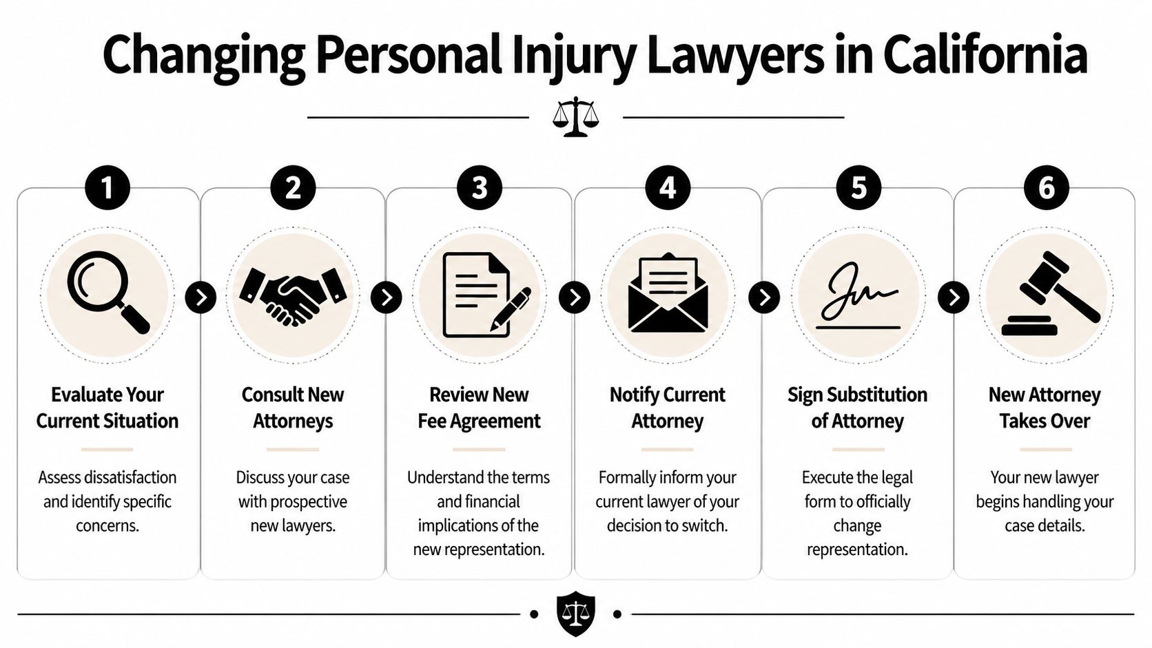 A six-step infographic detailing the process for changing personal injury lawyers in California, starting with evaluation.
