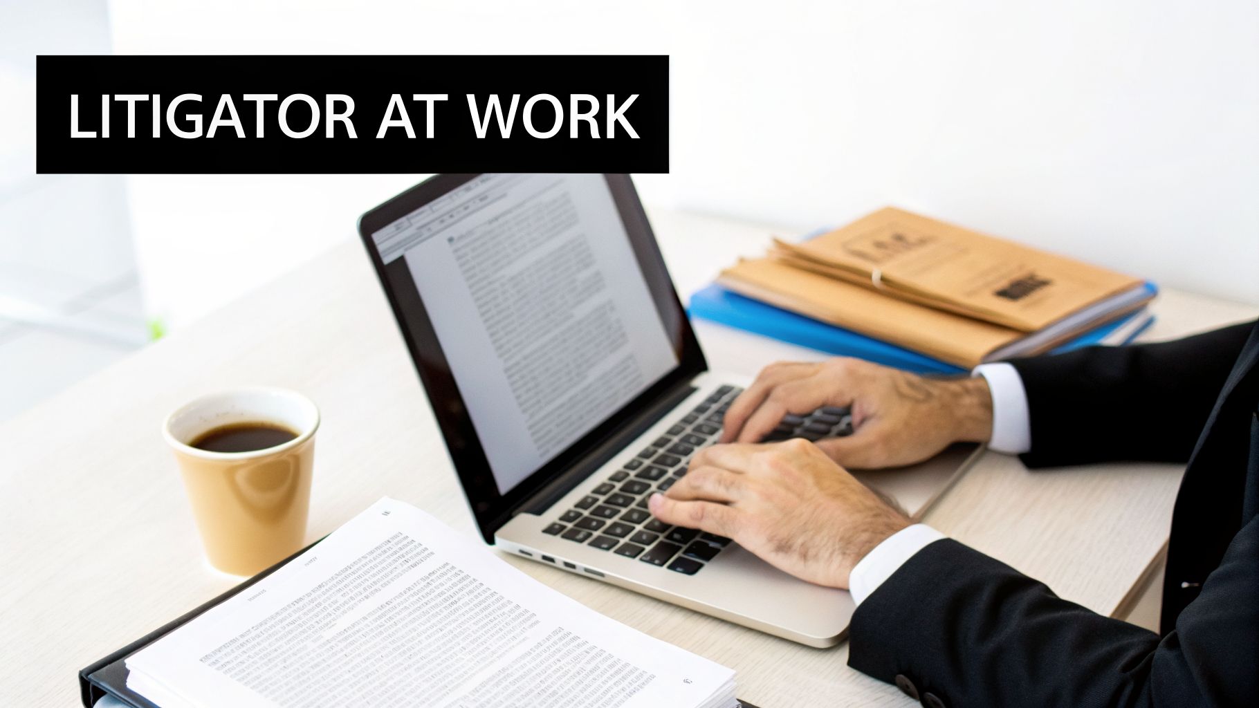 A litigator in a suit working on a laptop, surrounded by legal documents and coffee.