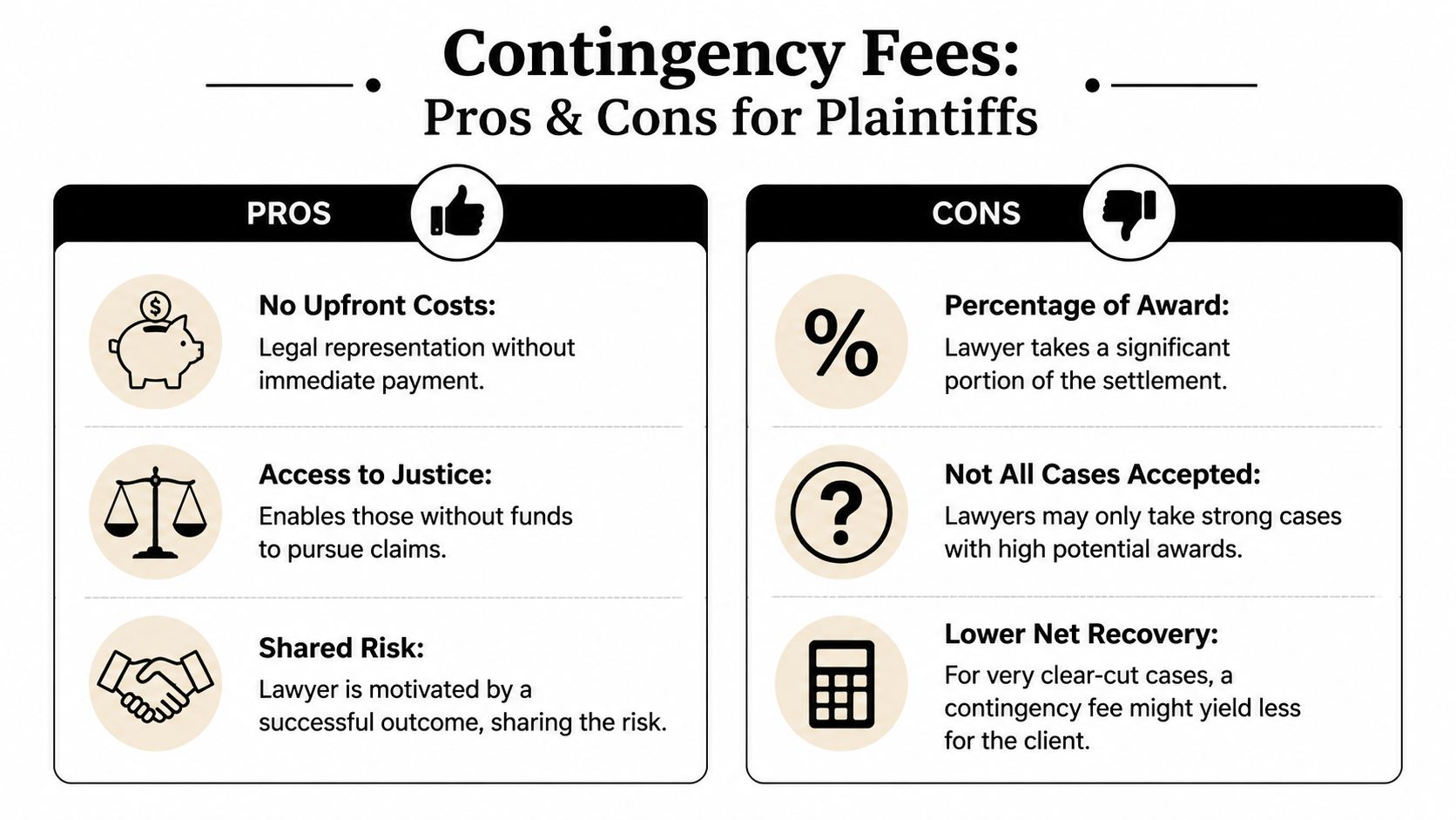 A pros and cons chart for plaintiffs evaluating contingency fees in legal cases.