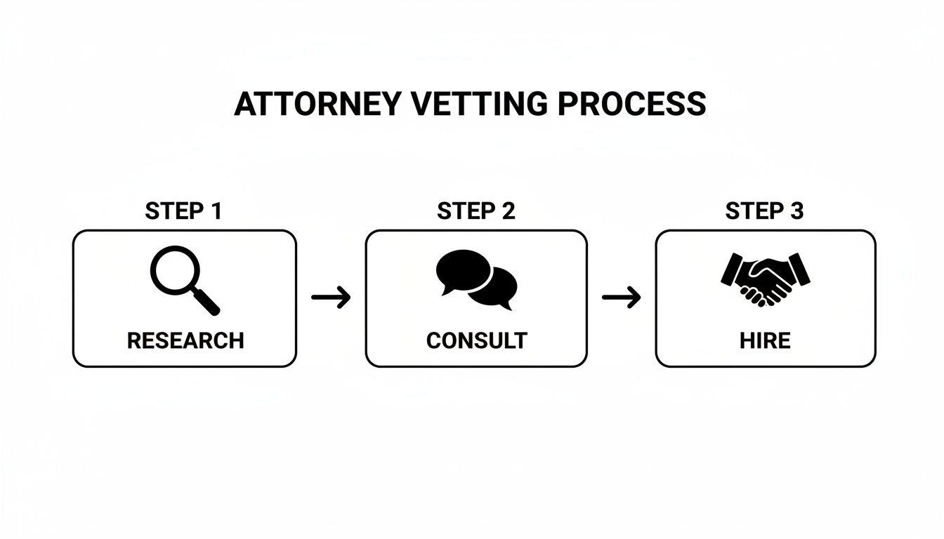 Flowchart illustrating the attorney vetting process with steps for research, consult, and hire.