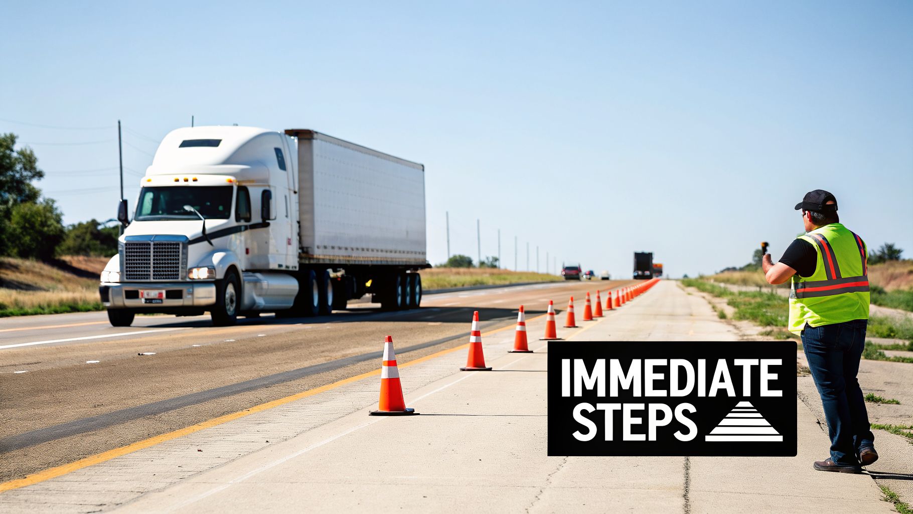 A white semi-truck passes orange traffic cones and a worker on a highway with an 'IMMEDIATE STEPS' sign.