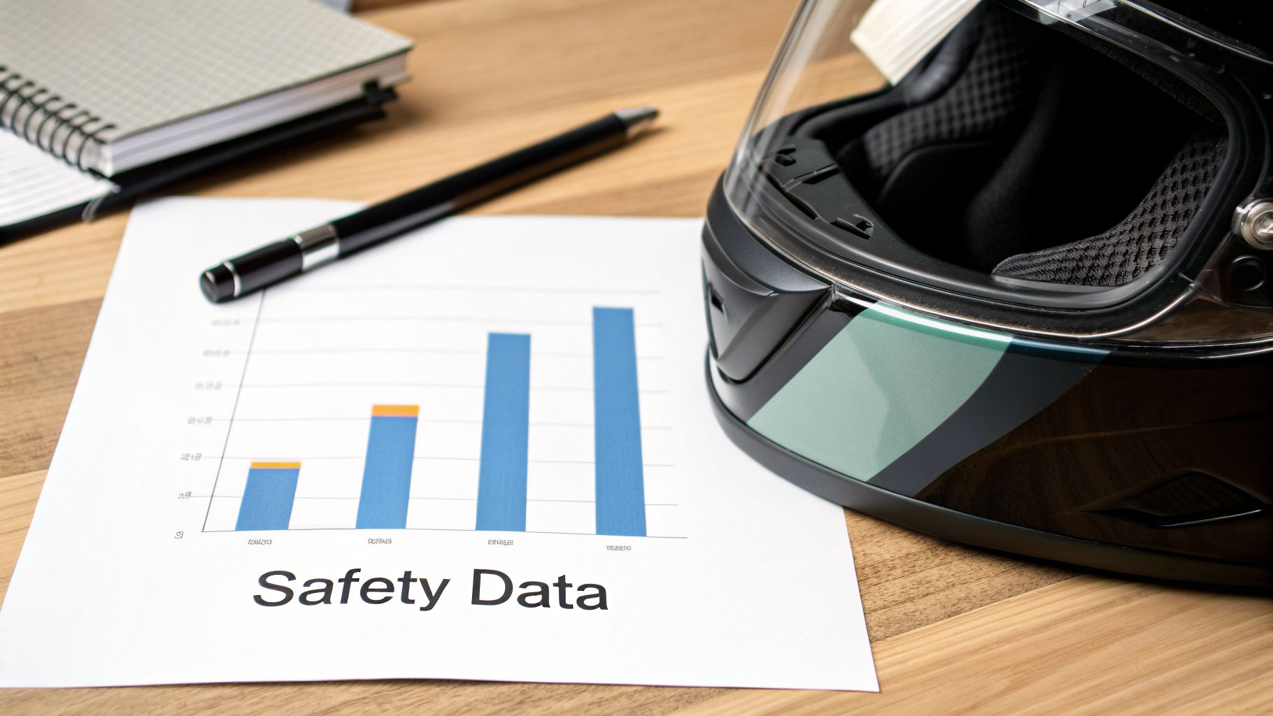 A motorcycle helmet rests beside a 'Safety Data' chart document, pen, and notebook on a wooden desk.