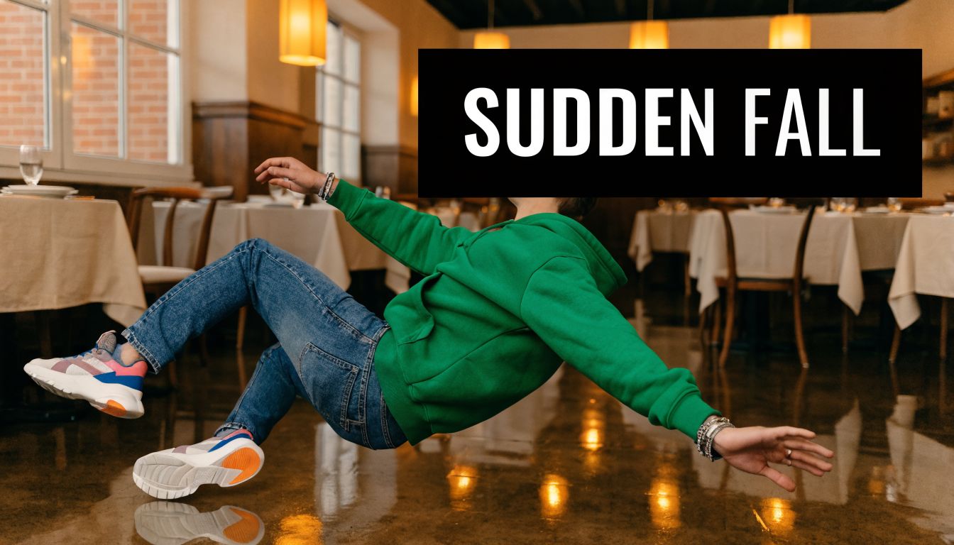 A person in a green hoodie and blue jeans falling unexpectedly on a slippery restaurant floor