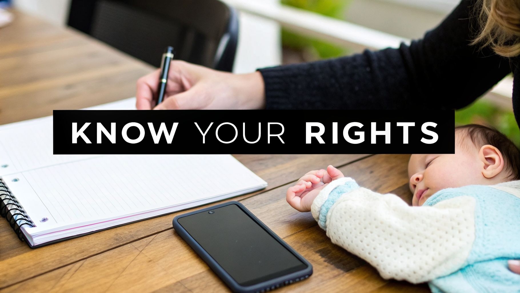 A person writing in a notebook with a pen, a sleeping baby nearby, and a 'KNOW YOUR RIGHTS' banner.