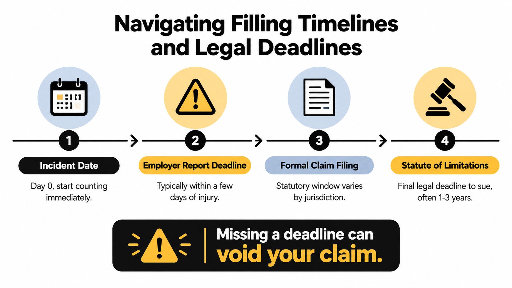 A timeline graphic showing the four stages of filing a workplace legal claim with critical deadlines.