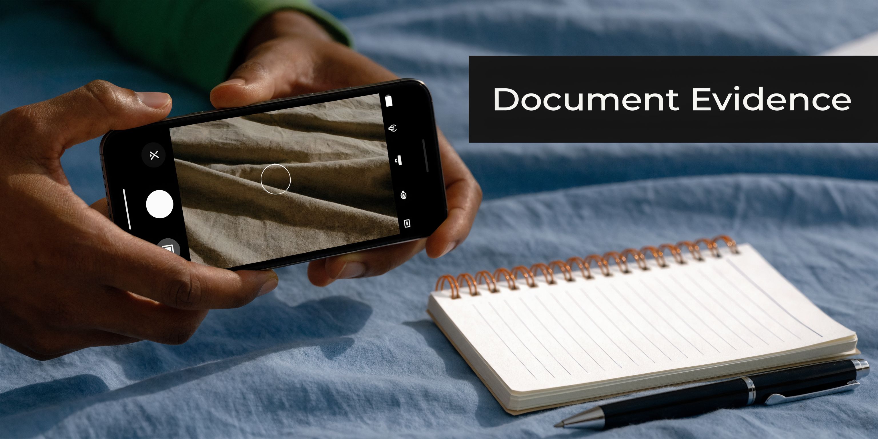 A person holds a smartphone to photograph fabric, with a notebook and pen on a blue bedspread.