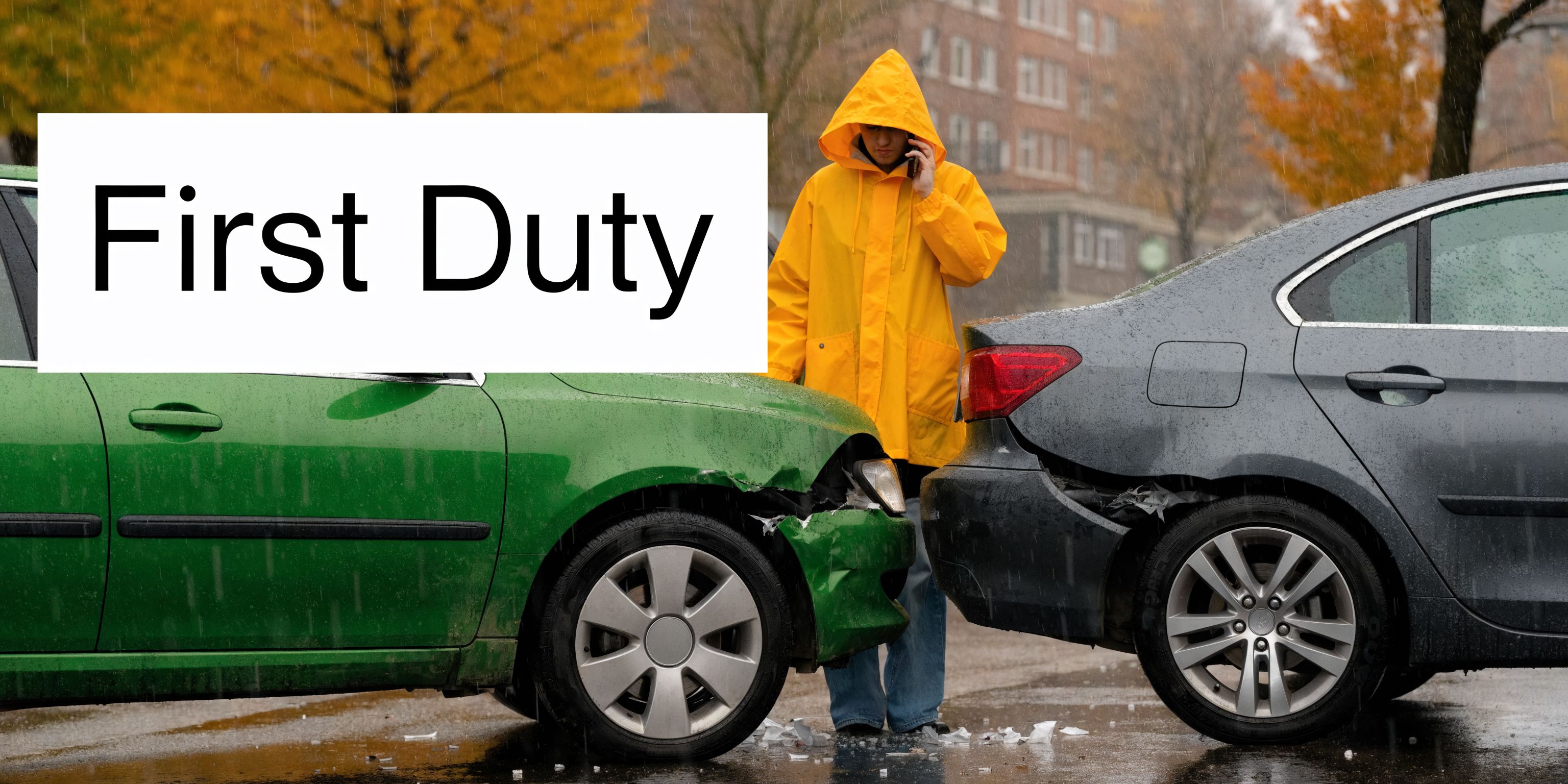 A person in a yellow raincoat stands between two crashed cars during a rainstorm, appearing to call for help.
