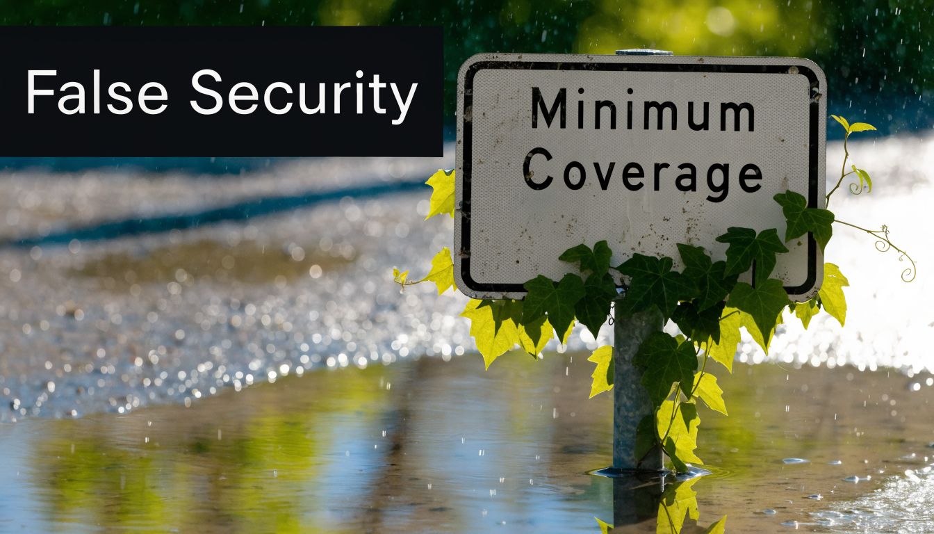 A weather-worn road sign reading Minimum Coverage surrounded by ivy in a flooded, rain-streaked environment.