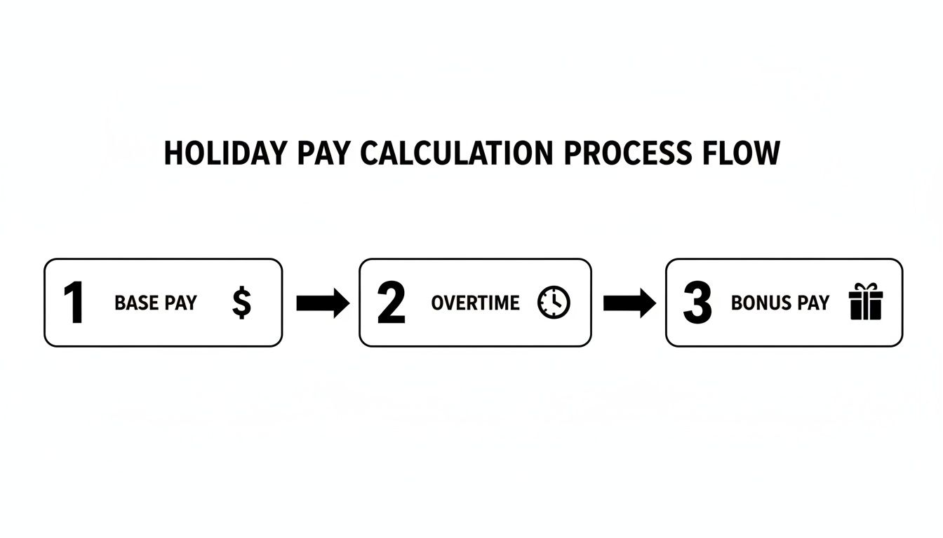 A flow chart illustrating the holiday pay calculation process with steps for base pay, overtime, and bonus pay.