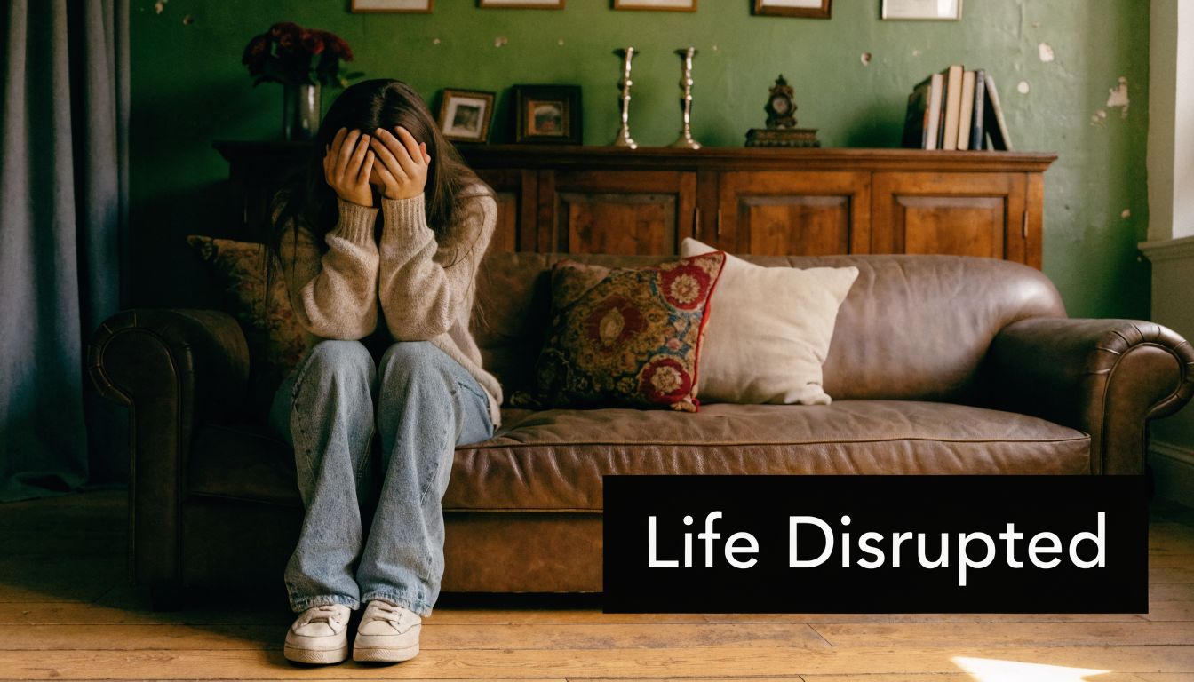 A distressed person covering their face while sitting on a leather sofa, representing emotional loss and hardship.