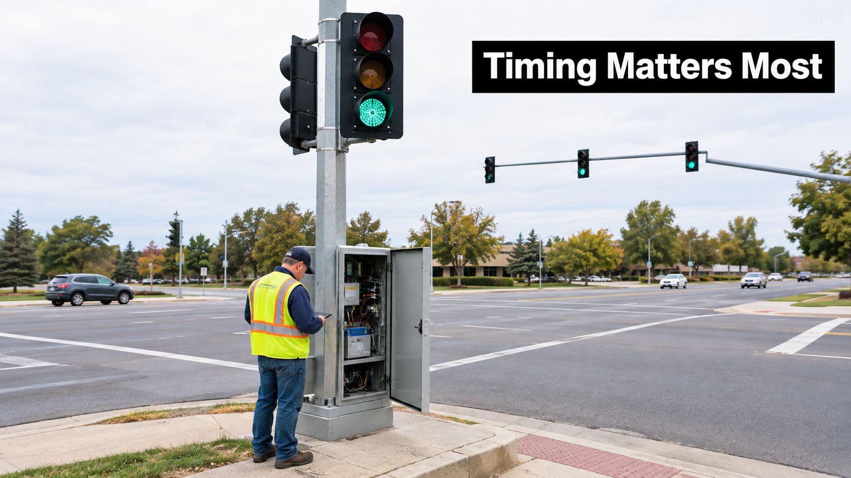 A technician works on a four-way traffic signal control box beside a busy intersection on a cloudy day.