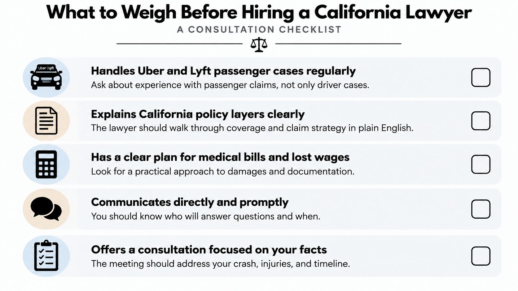 A checklist for choosing a California lawyer for an Uber or Lyft passenger accident claim.