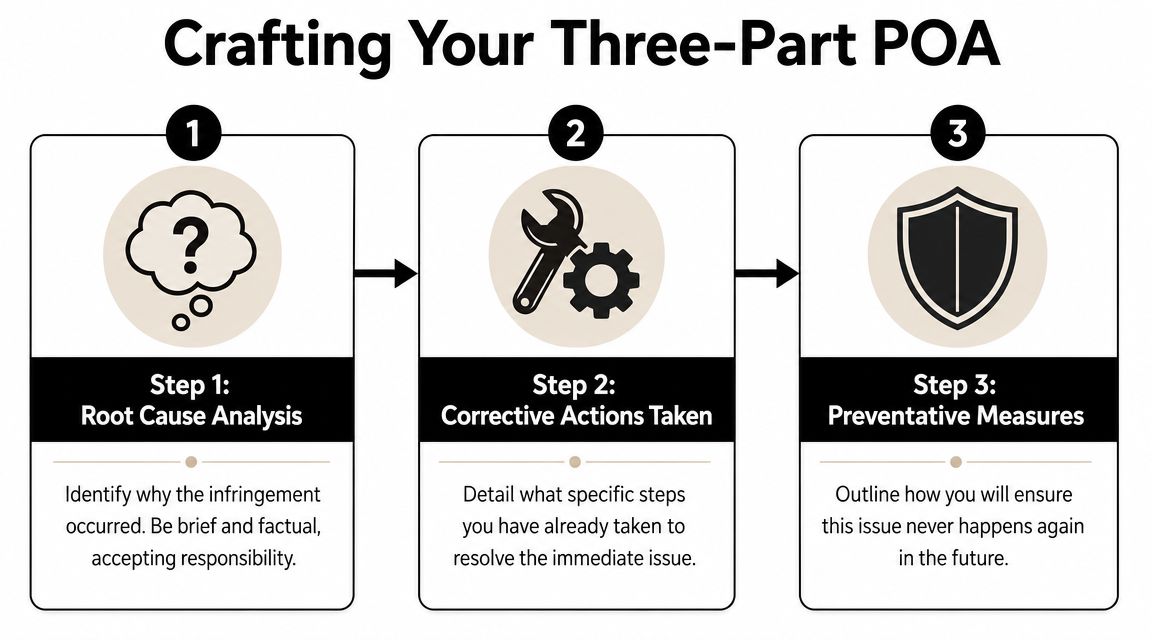 An infographic outlining the three-part plan of action for resolving intellectual property complaints effectively.