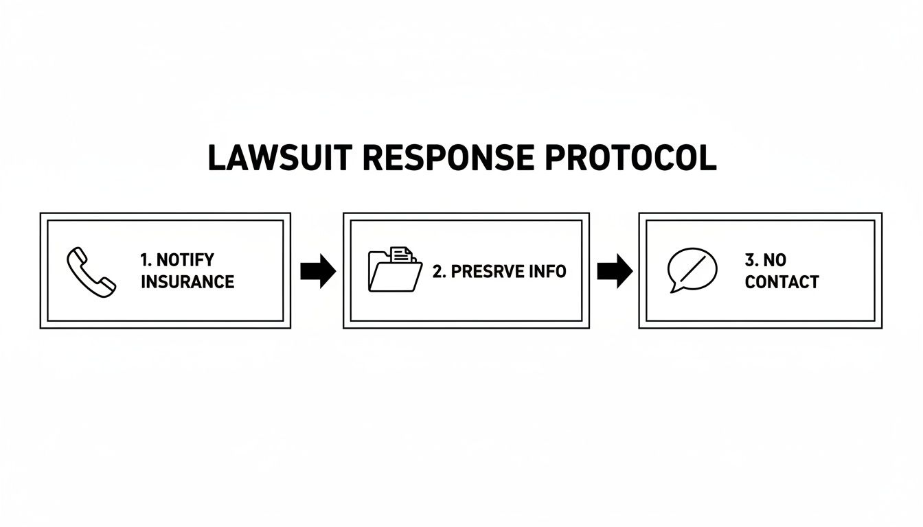 A flowchart outlining three steps for lawsuit response protocol: notify insurance, preserve info, and no contact.