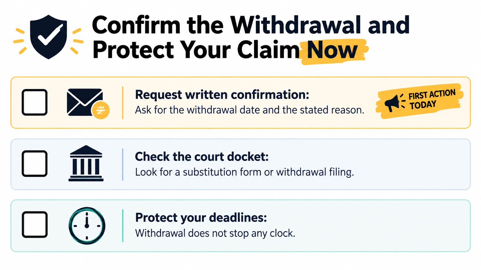 A checklist for legal clients to confirm attorney withdrawal, check court records, and protect filing deadlines.