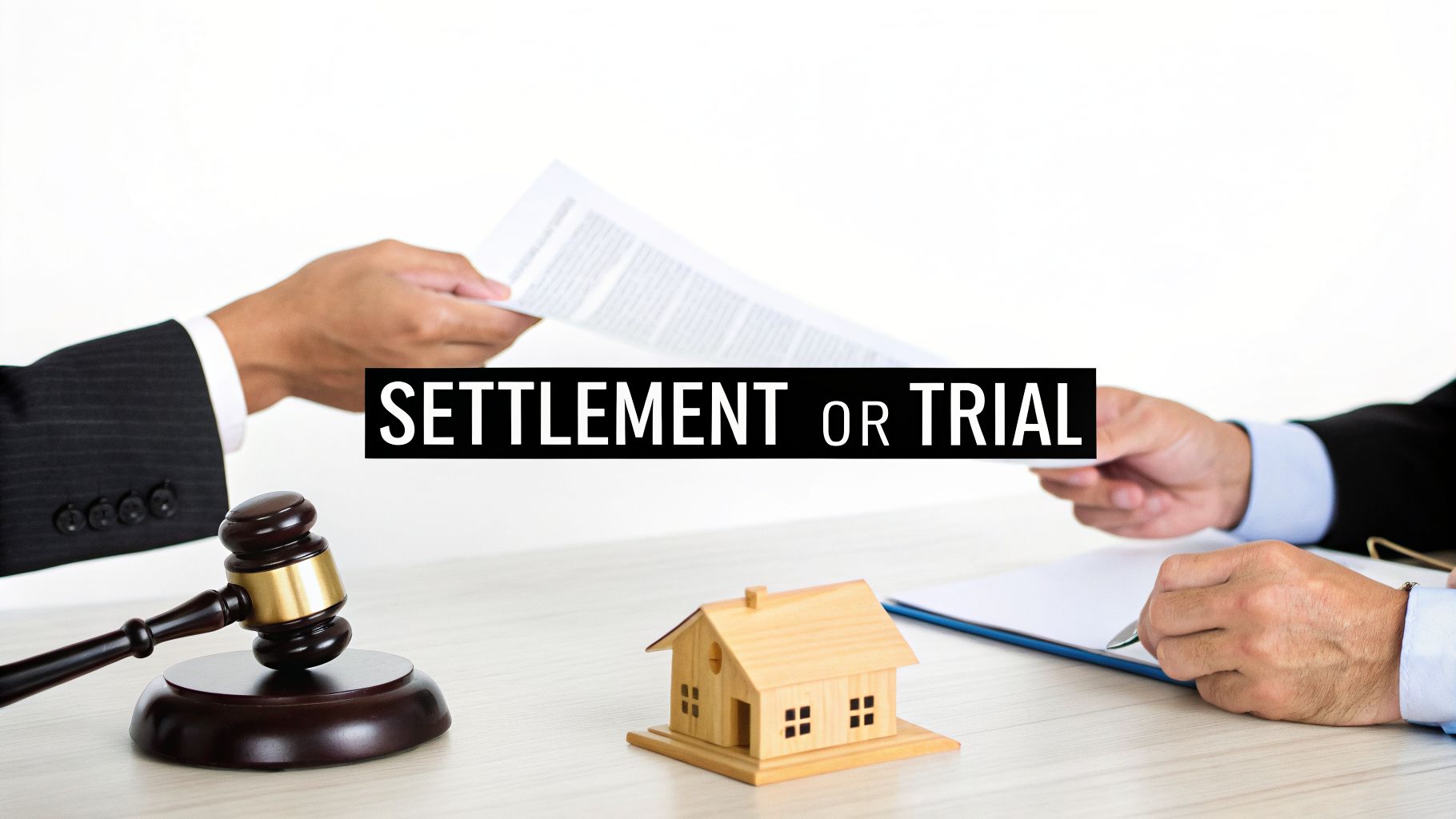 Two people exchange legal documents, with a gavel and house model, deciding between settlement or trial.