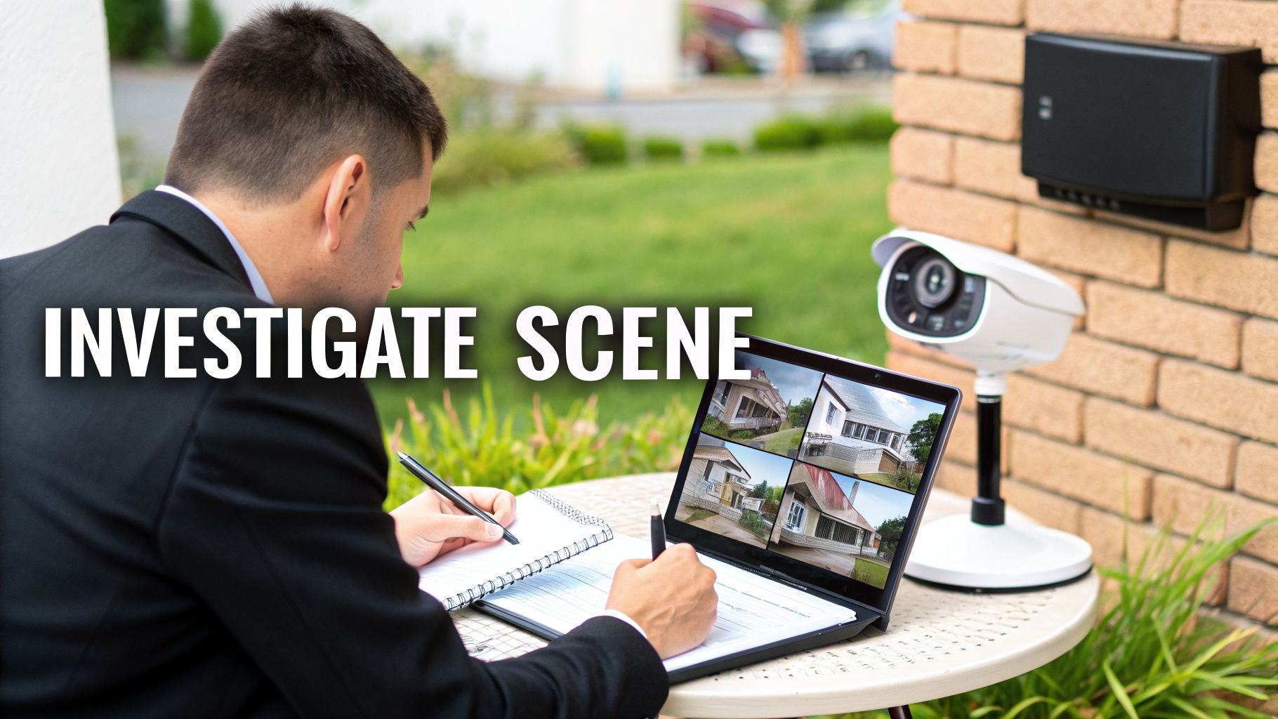 Man in suit reviewing surveillance footage on a laptop and taking notes at a scene.