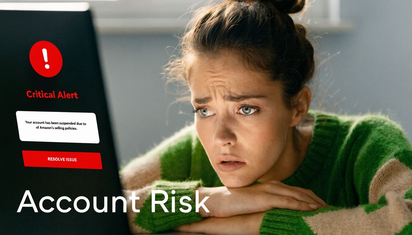 A concerned woman looking at her laptop screen displaying a critical Amazon seller account suspension warning alert.